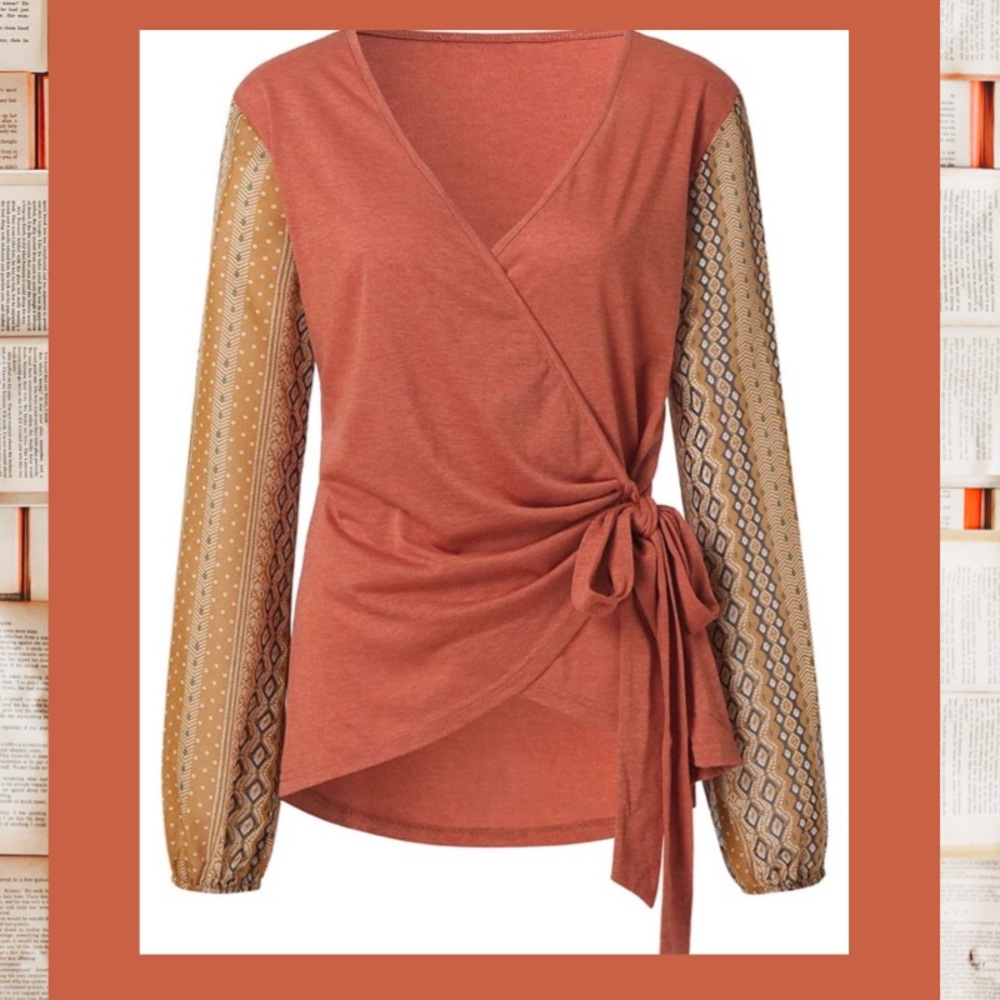 V Neck Tie Waist Long Sleeve Wrap-Blouse NWT - Picture 2 of 8